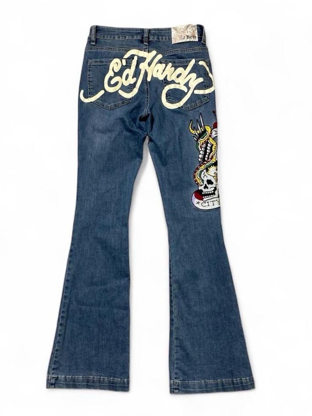 Ed Hardy Dark Blue Flare Jeans with Yellow Script & Multicolor Skull